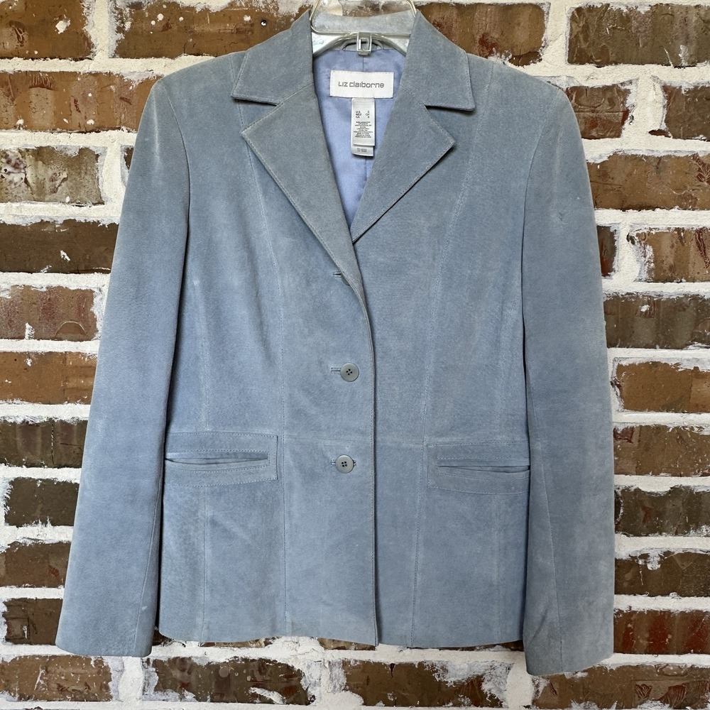 VTG Liz‎ Claiborne Blazer Jacket Suede Leather Size S Blue Notch Collar Lined